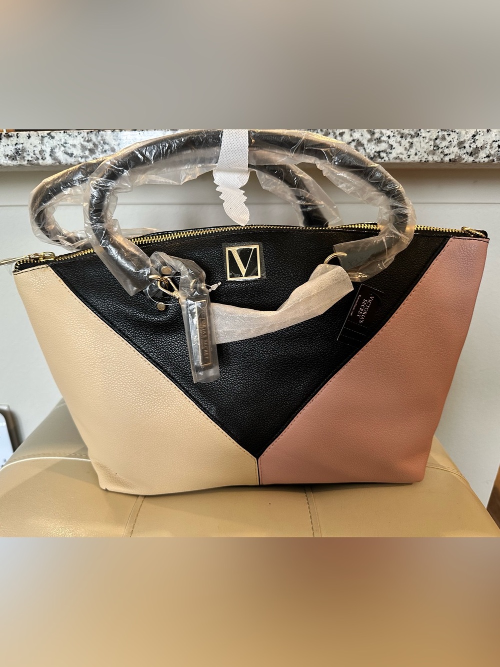 Victoria's Secret Black, Cream & Pink Colorblock Tote